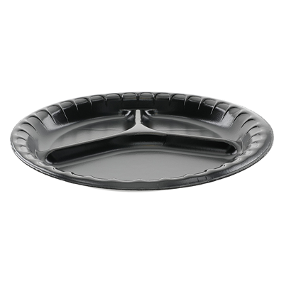 10.25" Black 3-Compartment Laminated Foam Plate