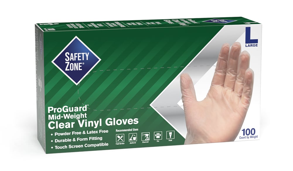 The Safety Zone ® Powder Free General Purpose Clear Vinyl Gloves-Large