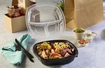 9” x 9” Black Base with Clear Lid Hinged 3-Compartment Square Container