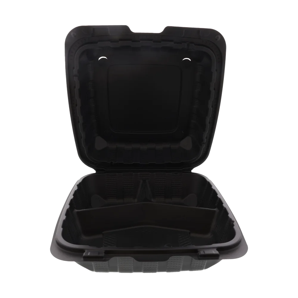 8" x 8" x 3" 3-Compartment Black Mineral Filled Hinged Lid Containers