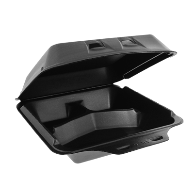 9" x 9.5" x 3.25" Foam Smartlock® Large 3-Compartment Hinged-Lid Takeout Container-Black
