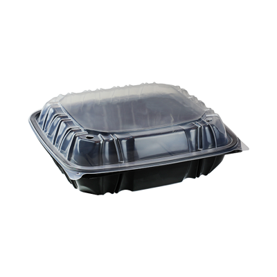 10.5" X 9.5" Vented Microwavable 1-Compartment Hinged-Lid Takeout Container-Black/Clear