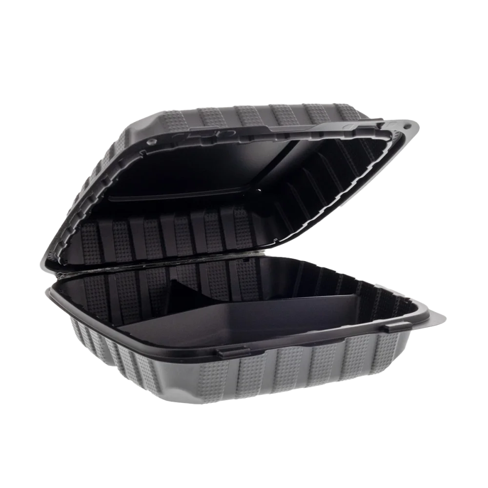 9" x 9" x 3" 3-Compartment Black Mineral Filled Hinged Lid Containers