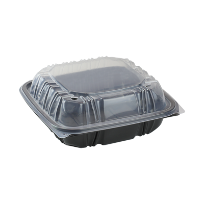 8.5" X 8.5" Vented Microwavable 1-Compartment Hinged-Lid Takeout Container, Black/Clear